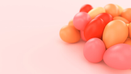 Bunch of colorful easter eggs on uniform background with shallow depth of field. 3d render illustration