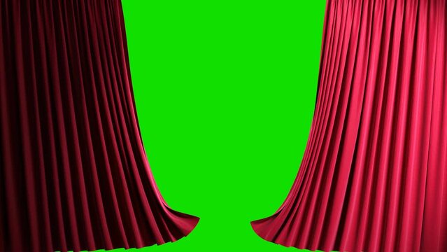 Red velvet theater curtains opening and closing. Isolated background with green chroma key, 4k. 