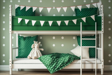 Modern interior design of woman or childrens bedroom with bunk. Super photo realistic background, generative ai