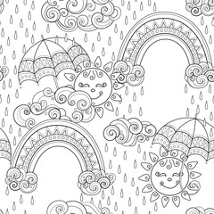 Fairytale Weather Forecast Seamless Pattern. Endless Texture with Rainy Day, Smiling Suns, and Rainbows. Fantasy Cartoon Design. Vector Contour Illustration. Coloring Book Page