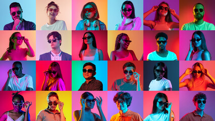 Naklejka na ściany i meble Emotions and facial expressions. Collage of ethnically diverse people expressing different emotions over multicolored background in neon light.