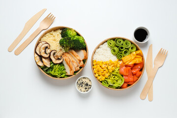 Bowls with tasty and nutritious food, top view