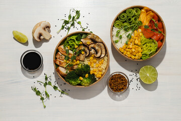 Bowls with tasty and nutritious food, top view