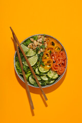 Bowl with tasty and nutritious food, top view