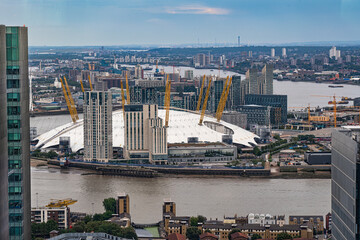 Aerial view of London from Canary Wharf looking east towards Greenwich Peninsula.