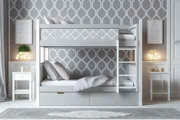 Modern interior of a bedroom with bunk bed, grey and white colors. Super photo realistic background, generative ai