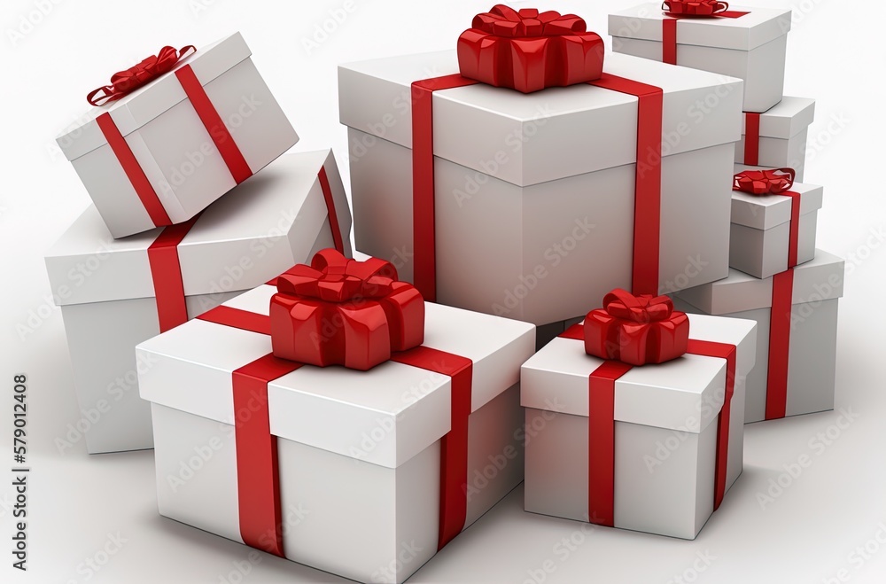 Poster stacks of unwrapped presents in white boxes with red bows generative ai