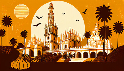 Obraz premium illustration of a typical spanish street (Seville) with the Giralda. 70s style illustration. orange colors. postcard 1970s