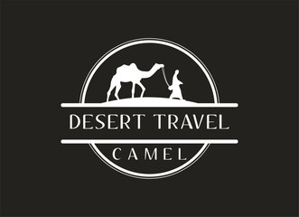Arabian Logo caravan Camels in desert dunes on beige color gold sand under hot sun in circle wavy pattern background.Design template icon,badge, pictogram,symbol,tourism sign,travel,hot places.Vector