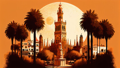 Naklejka premium illustration of a typical spanish street (Seville) with the Giralda. 70s style illustration. orange colors. postcard 1970s
