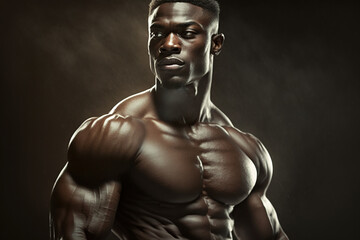 Strong black athlete, muscular man, African American bodybuilder. Athletic male torso, waist-length portrait. Generative ai
