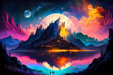 Colorful fantasy abstract background with mountains and lake, amazing sunset, AI generated