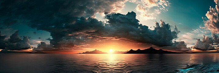 Ocean sunset landscape. Panoramic view. Generative AI