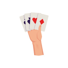 Hand holding playing cards flat vector illustration isolated on background.
