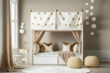 Fototapeta na wymiar Modern interior design of woman or childrens bedroom with bunk. Super photo realistic background, generative ai
