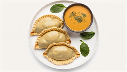 Fototapeta na wymiar Plate of Empanadas with Dipping Sauce on White Background with copy space for your text created with generative AI technology