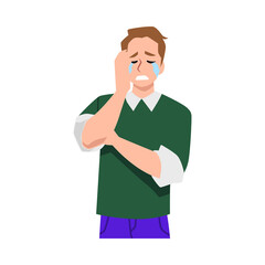 Man crying in distress and despair, feeling pain or stress, flat vector isolated.