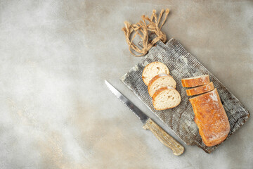 Italian ciabatta bread on a light background. banner, menu, recipe place for text, top view
