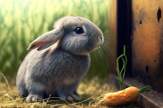A cute little baby bunny sitting on grass with a carrot in front of it, generative ai