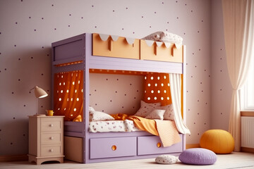 Modern interior design of woman bedroom with bunk bed, lilac, orange and white colors with polka dot texture. Super photo realistic background, generative ai