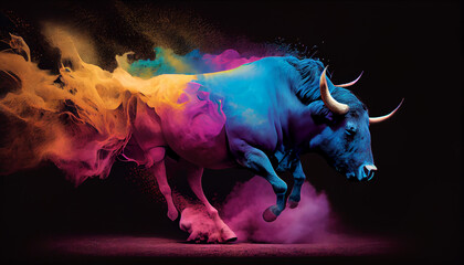 Colorful  bull running in colorful smoke