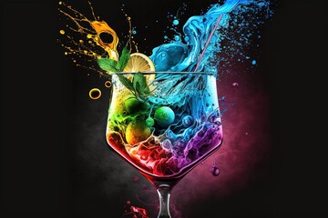 A vibrant cocktail with water splashes on a black background, generative ai