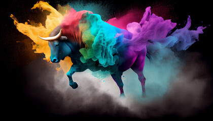 Colorful artistic bull in exploision