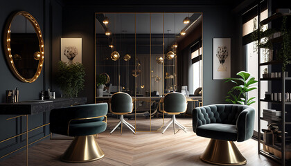High-End Hairdressers' Workspace with Modern Illuminated Mirrors and Luxurious Chairs in a Premium Co-Working Facility. Generative Ai