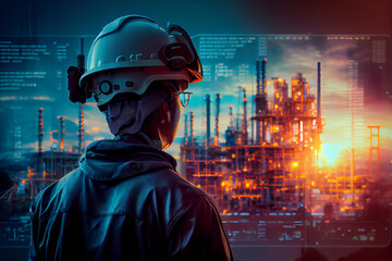 Engineer looking at factory or plant, oil rafinery in background. Generative Ai