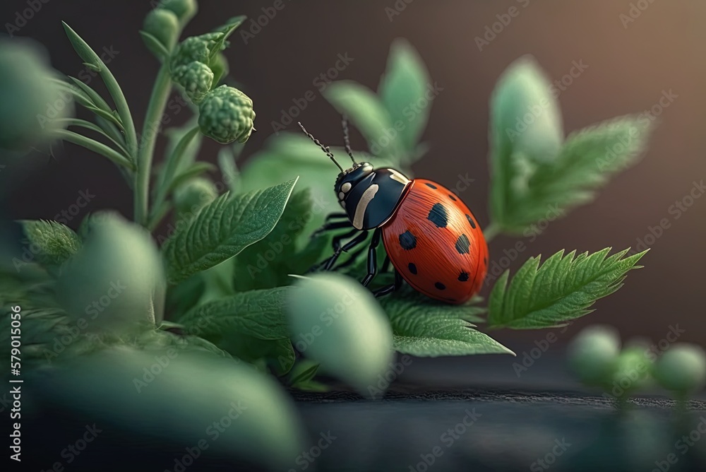 Poster close-up of a ladybug on a lovely flowering plant, captured with a shallow depth of field generative