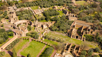 Aerial view of Hadrian's Villa at Tivoli, near Rome, Italy. Villa Adriana is a World Heritage comprising the ruins and archaeological remains of a complex built by Roman Emperor Hadrian.