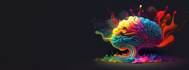 Colorful brain on a dark background banner. Creative concept of inspiration. With copy space - Generative AI