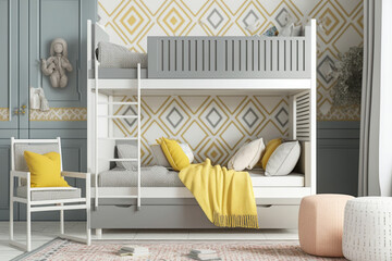 Modern interior of a bedroom with bunk bed, grey and white colors. Super photo realistic background, generative ai