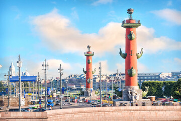 Rostral columns and the Exchange building on Strelka, St. Petersburg