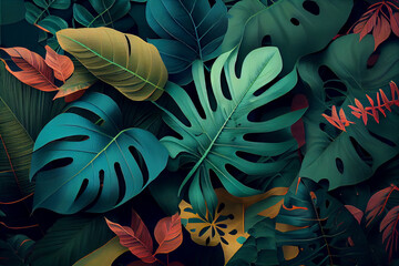 Exotic and tropical leaves background. Flat lay. Generative Ai