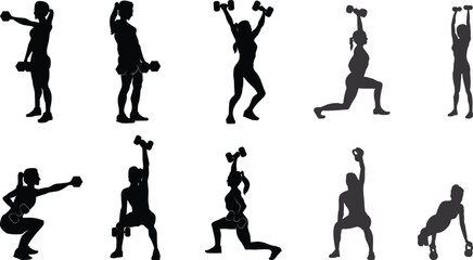 silhouettes of girls exerciser .Woman lifting weight silhouettes collection.silhouettes of ballet dancers.Child ballerina vector silhouette