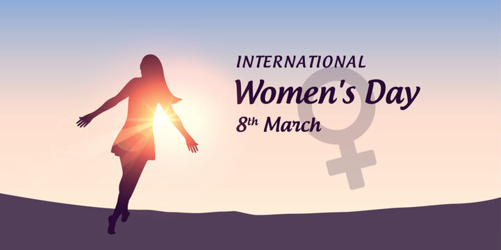 happy womans day 8th march girl with raised arms at sunshine