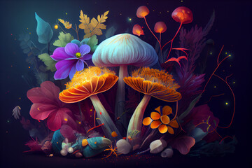 Obraz na płótnie Canvas Magic glowing mushrooms in fantasy forest. Magical fairy landscape. Generative Ai