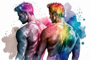 backside of two muscular men in aquarelle style, ai generated