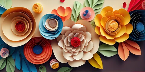 Papercut spring 3d flowers texture horizontal banner - generative AI