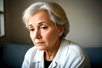 Fototapeta premium Mature woman sitting on the sofa feeling sad and alone. Upset elderly 70s female have headache while in living room at home. Generative ai.