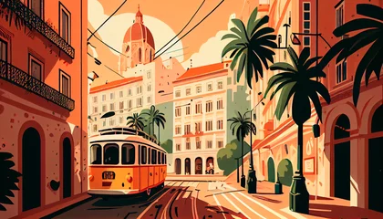 Fotobehang  illustration inspired by postcards and posters from the 70s, Lisbon , typical street with a mythical trolley car. Portugal. Europe, background  © Enrique