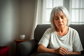 Fototapeta premium Mature woman sitting on the sofa feeling sad and alone. Upset elderly 70s female have headache while in living room at home. Generative ai.