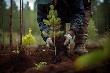 Planting young trees in new forest. Ecology activity concept. Generative AI