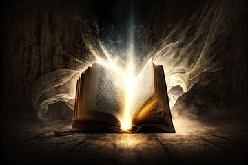 Holy Bible with rays of light coming out. AI generative.
