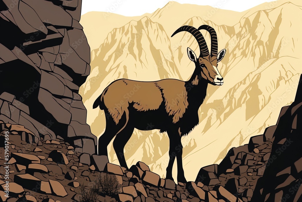 Poster image of an ibex on a rocky hill, taken at a shallow depth of field generative ai