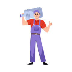 Happy water delivery courier holding gallon of water, flat vector illustration isolated on white background. Cheerful character delivers purified or clean water.