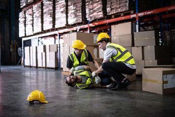 Careless Caucasian warehouse worker holds many large cardboard boxes then some of the box falling...