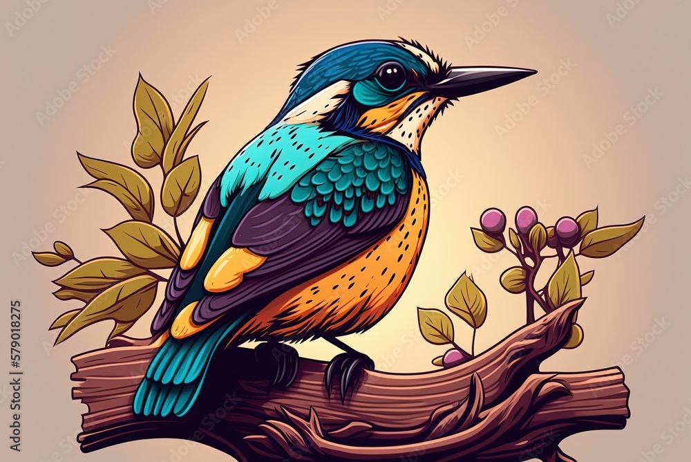Poster capture of a rare bird in sharp focus, perched on a thick tree limb generative ai