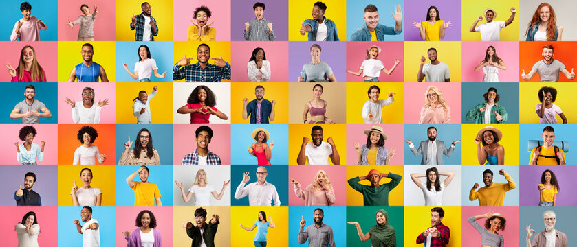 Human emotions and facial expression. Surprised excited millennial and adult diverse men and women gesturing